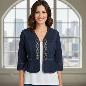 Lark Lane Denim Jacket with Beaded Embellishment – Size 8